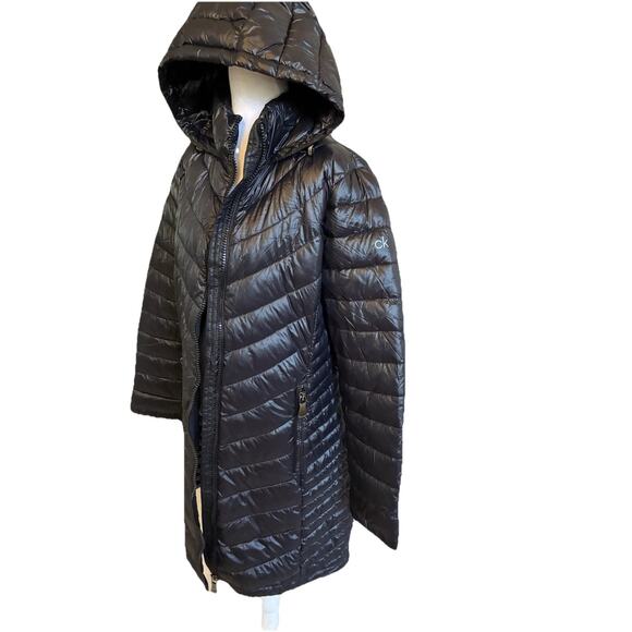 Black Puffer Down Winter Jacket Long Packable Quilted womens L Calvin Klein Y2K - Picture 10 of 16